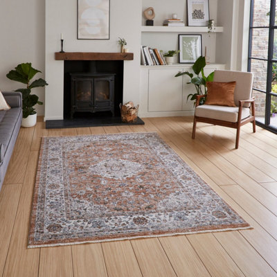 Brown Terracotta Traditional Abstract Bordered 10mm Thick Stain-Resistant Rug For Bedroom, & Living Room-120cm X 170cm