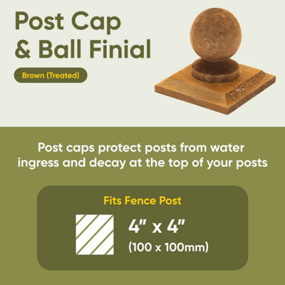 Brown Timber Fence Post Cap & Ball Finial 120 x 120mm - Fits 4 x 4" Square Posts (FREE DELIVERY)