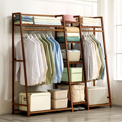 Brown Trapezoid Bamboo Garment Rack with 5 Tier Storage Shelves