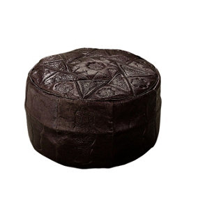 Brown Tunisian Leather Round Pouffe Footrest - Hand Crafted Artisan Leather Beanbag Footstool Seat - Measures H25.5 x W47cm