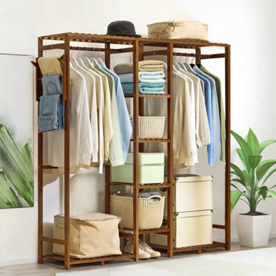 Brown Wooden Clothes Rack with Side Hooks and 6 Shelves