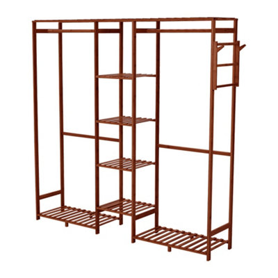 Brown Wooden Clothes Rack with Side Hooks and 6 Shelves