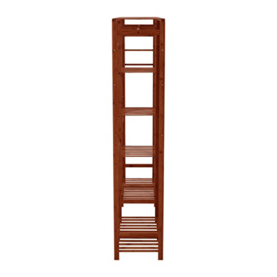 Brown Wooden Clothes Rack with Side Hooks and 6 Shelves