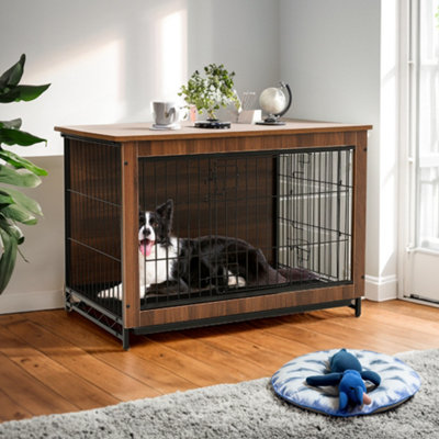 Brown Wooden Wire Dog Crate Dog Cage Dog Kennel with Lock Door W 980 x D 640 x H 670 mm