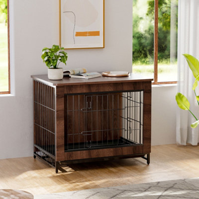 Brown Wooden Wire Dog Crate Pet Cage Dog Crate with Lock Door 740x540x590mm