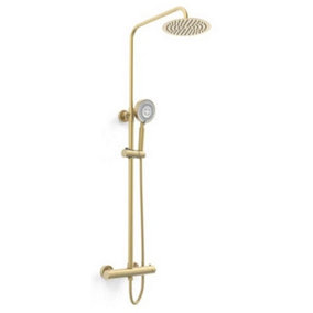 Brush Brass Round Thermostatic Exposed Bar Mixer Shower + Ultra Slim Overhead Drencher & Sliding Handset - 1 Shower Head