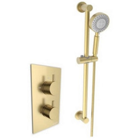 Brush Brass Thermostatic Concealed Mixer Shower With Adjustable Wall Mounted Slide Rail Kit (Waterfall) - 1 Shower Head