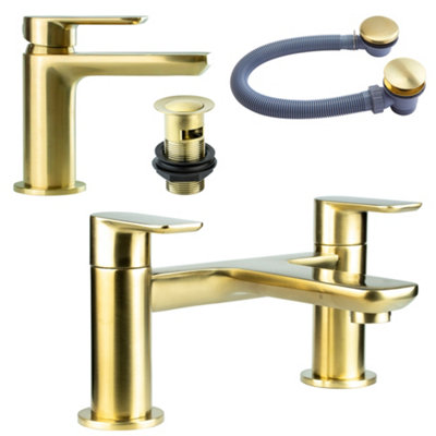 Brushed Brass Basin & Bath Filler Tap Including Bath Waste