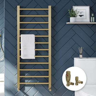 Brushed Brass Bathroom Straight Heated Towel Rail Radiator 500 x 1200 & Angled Thermostatic Valves