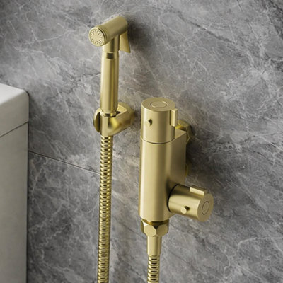 Brushed Brass Bidet Thermostatic Douche Valve and Spray Toilet, Spray Brass Bathroom Round Bidet Douche Kit