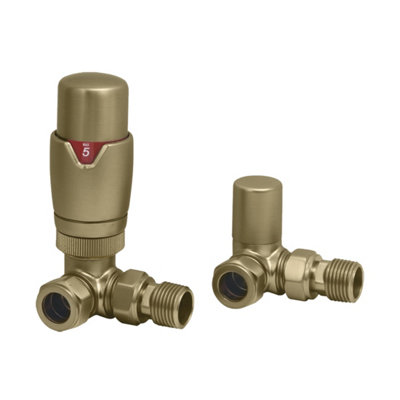 Brushed Brass Corner Thermostatic Radiator Valve (TRV) with Lockshield ...