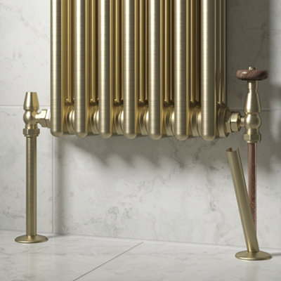 Brushed Brass Dual Fuel Corner Radiator Valve Set with 15mm Pipe Covers ...