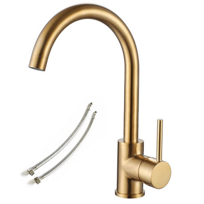 Brushed Brass Mixer Kitchen Tap Single Handle C High Spout Swivel Lever +Fixings