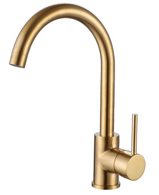 Brushed Brass Mixer Kitchen Tap Single Handle C High Spout Swivel Lever +Fixings