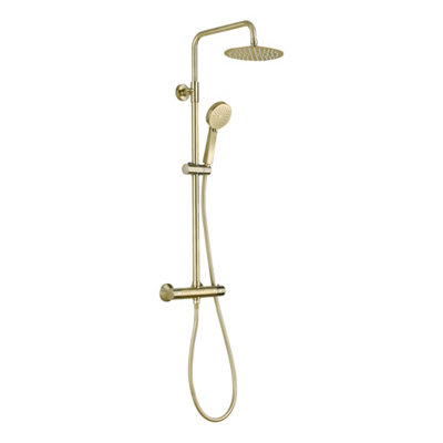Brushed Brass Overhead Thermostatic Rigid Riser Shower Kit - Twin Head Round