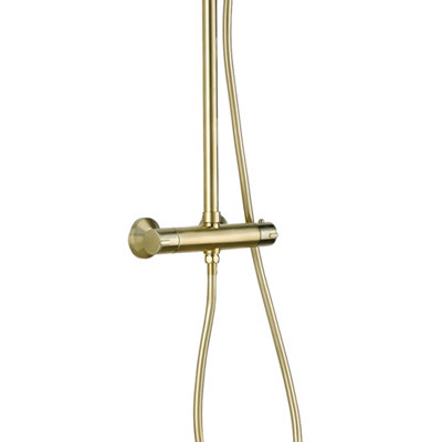 Brushed Brass Overhead Thermostatic Rigid Riser Shower Kit - Twin Head Round - 3