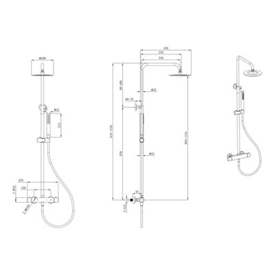 Brushed Brass Overhead Thermostatic Rigid Riser Shower Kit - Twin Head Round - 5