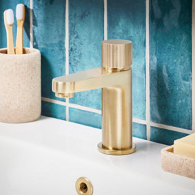 Brushed Brass Premium Mono Basin Sink Tap Knurled Handle Luxury Brassware