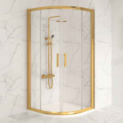 Brushed Brass Quadrant Shower Enclosure with Tray 760 x 760mm Double Sliding Doors Walk in Corner Cubicle 6mm Glass