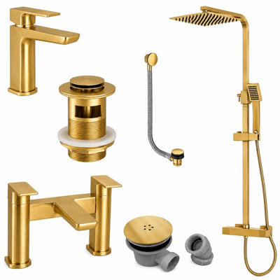 Brushed Brass Shower Kit Rigid Riser Over Head Rainfall & Brushed Brass ...