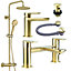 Brushed Brass Shower Kit Rigid Riser Over Head Rainfall & Brushed Brass Basin Tap, Bath Filler Mixer Pack