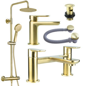 Brushed Brass Shower Kit Rigid Riser Over Head Rainfall & Brushed Brass Basin Tap, Bath Filler Mixer Pack