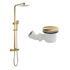 Brushed Brass Shower Kit Thermostatic Rigid Riser Including 90mm Shower Tray Waste