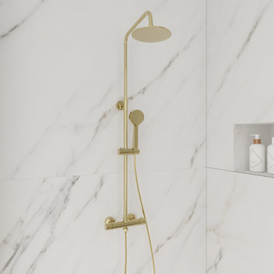 Brushed Brass Shower Overhead Rainfall Rigid Riser Thermostatic Valve Kit