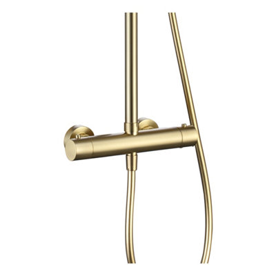 Brushed Brass Shower Overhead Rainfall Rigid Riser Thermostatic Valve Kit - 4