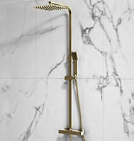 Brushed Brass Square Overhead Thermostatic Rigid Riser Shower Kit Adjustable Height