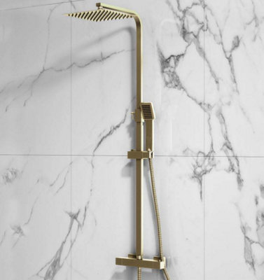 Brushed Brass Square Overhead Thermostatic Rigid Riser Shower Kit Adjustable Height