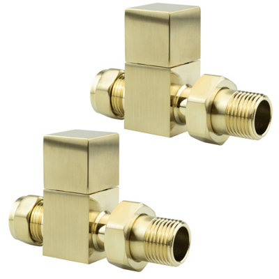 Brushed Brass Square Straight Radiator Valves Towel Rail Warmer - 15mm Pair