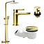 Brushed Brass Square Thermostatic Overhead Shower Kit with Sleek Basin Tap and Shower Tray Waste