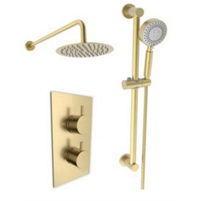 Brushed Brass Thermostatic Concealed Shower With Adjustable Slide Rail Kit & Fixed Overhead Drencher (Waterfall) - 2 Shower Heads