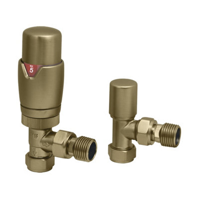 Brushed Brass Thermostatic Radiator Valve Angled - 15mm x R 1/2