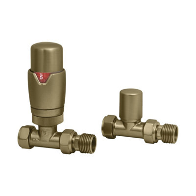 Brushed Brass Thermostatic Radiator Valve Straight - 15mm x 1/2