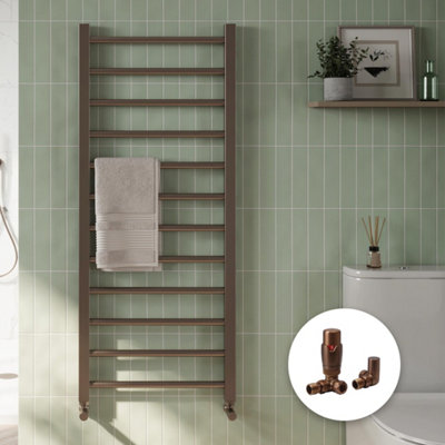 Brushed Bronze Bathroom Straight Heated Towel Rail Radiator 500 x 1200 & Corner Thermostatic Valves