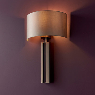 Brushed Bronze Slotted Wall Light Fitting & Mink Satin Half Shade -  Dimmable