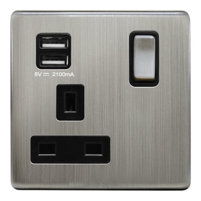 Brushed Chrome 1 Gang USB Switch Socket 13A Twin Port Single Plug Wall ...