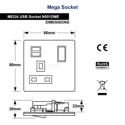 Brushed Chrome 1 Gang USB Switch Socket 13A Twin Port Single Plug Wall ...