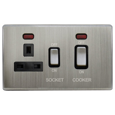 Brushed Chrome 45A Cooker Control Switch Unit with 13A Socket Neon ...