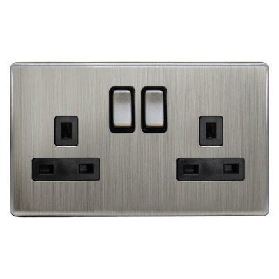 Brushed Chrome Double Wall Socket Switched Gloss 2 Gang 13A Double Pole ...