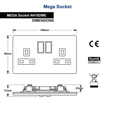 Brushed Chrome Double Wall Socket Switched Gloss 2 Gang 13A Double Pole ...
