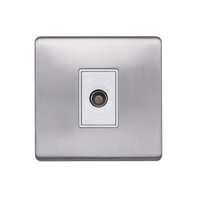 Brushed Chrome Screwless Plate  1 Gang TV Socket - White Trim - SE Home