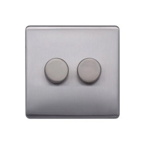Brushed Chrome Screwless Plate  100W 2 Gang 2 Way Intelligent Trailing LED Dimmer Switch - SE Home