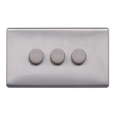 Brushed Chrome Screwless Plate  100W 3 Gang 2 Way Intelligent Trailing LED Dimmer Switch - SE Home