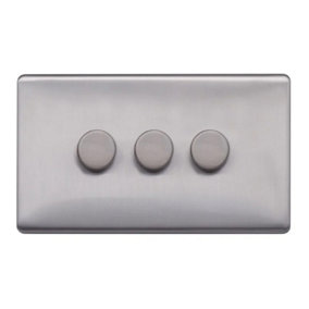 Brushed Chrome Screwless Plate  100W 3 Gang 2 Way Intelligent Trailing LED Dimmer Switch - SE Home