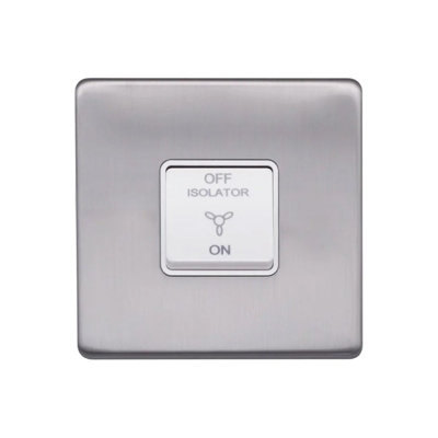 Brushed Chrome Screwless Plate  10A 1 Gang 1 Way 3-Pole Fan Isolator Switch - White Trim - SE Home