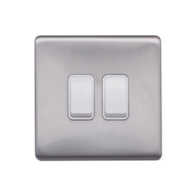 Brushed Chrome Screwless Plate  10A 2 Gang 2 Way Light Switch - White Trim - SE Home
