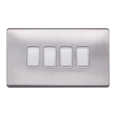 Brushed Chrome Screwless Plate  10A 4 Gang 2 Way Light Switch - White Trim - SE Home